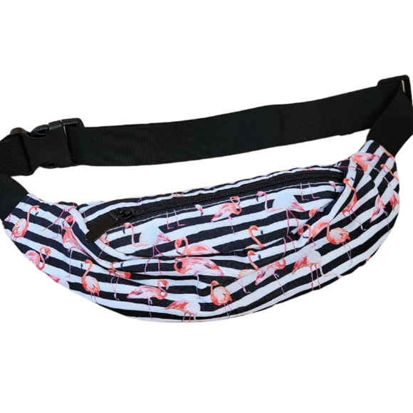 Handbags - Striped Flamingo Print Crossover and/or Fanny Pack Pink White & Black EUC